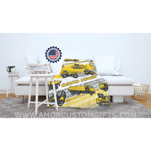 Blankets USA MADE Personalized Baby Boy Construction Vehicles Truck Blanket, Custom Name Blanket