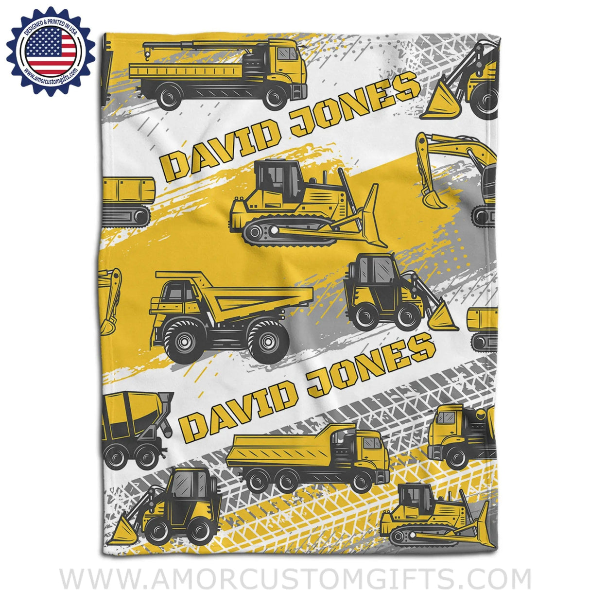 Blankets USA MADE Personalized Baby Boy Construction Vehicles Truck Blanket, Custom Name Blanket