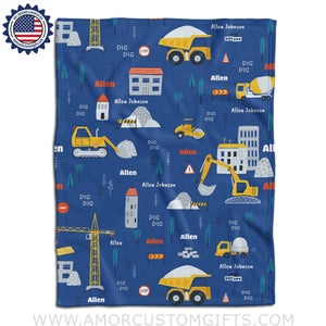 Blankets USA MADE Personalized Baby Boys Construction Vehicles Excavator Truck Blue White Blanket, Custom Name Blanket