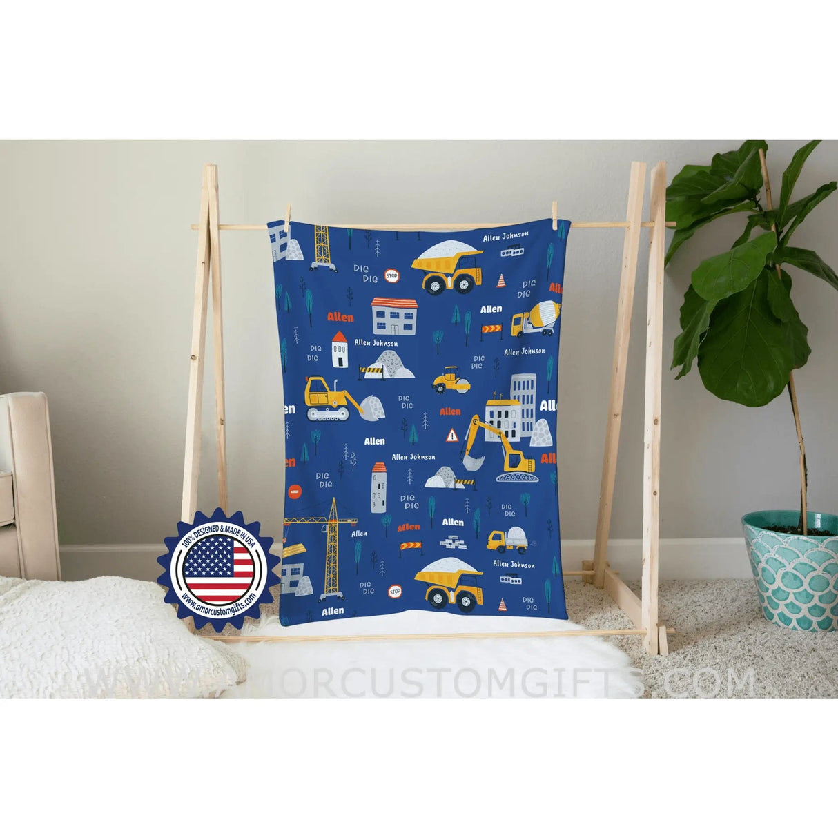 Blankets USA MADE Personalized Baby Boys Construction Vehicles Excavator Truck Blue White Blanket, Custom Name Blanket
