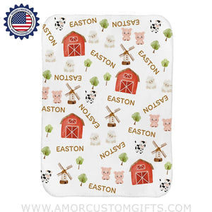 Blankets USA MADE Personalized Baby Boys Happy Farm Cattle Party Blanket, Custom Name Blanket