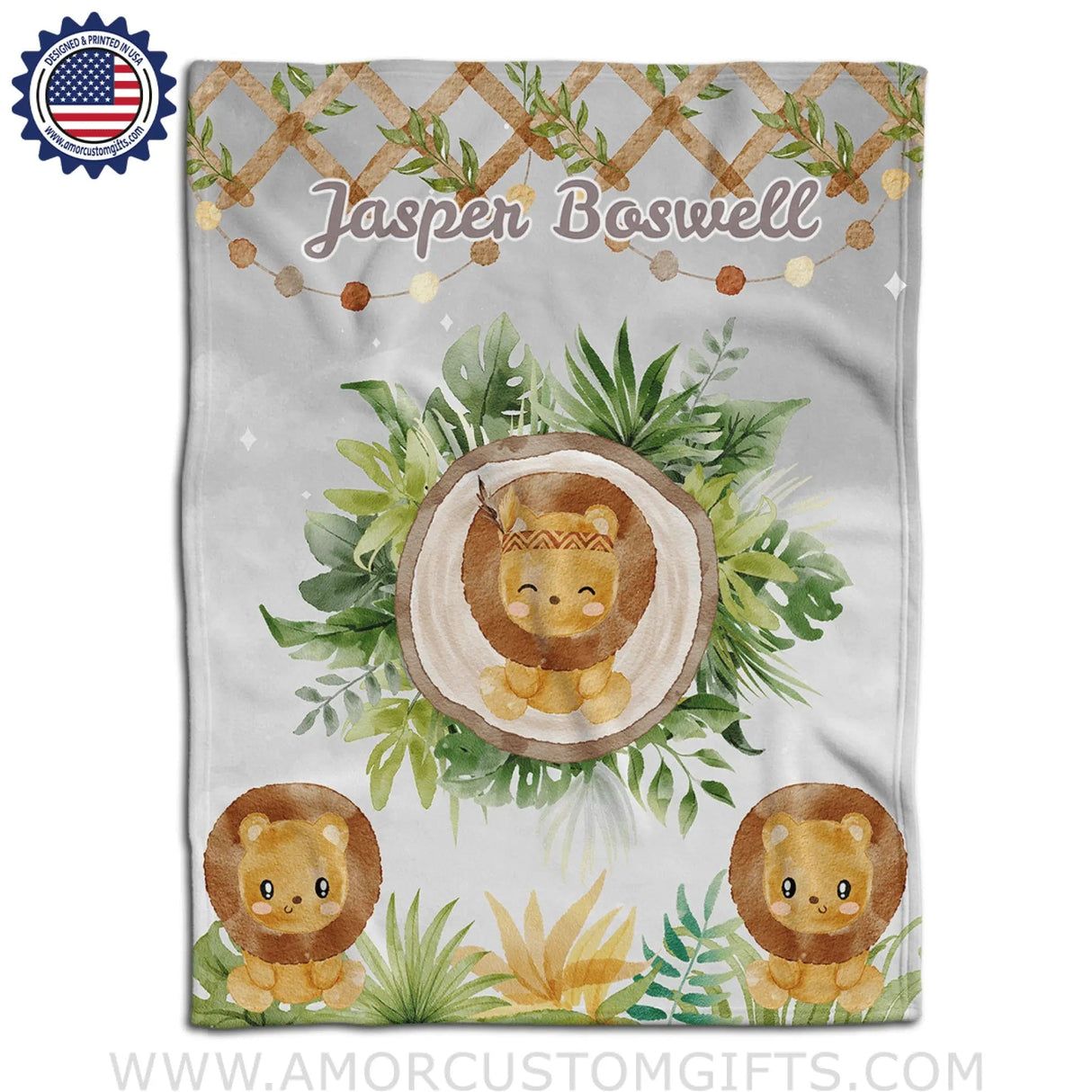 Blankets USA MADE Personalized Baby Boys Happy Lions Farm Party Blanket, Custom Name Blanket