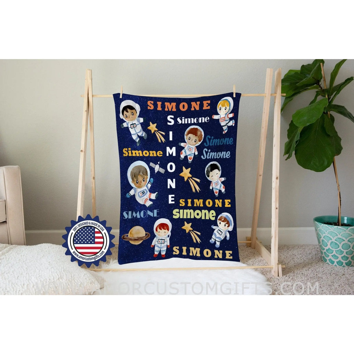 Blankets Personalized Baby Boys Little Astronaut Flying With Planets Blanket, Custom Name Blanket