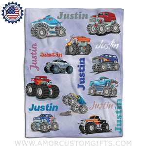 Blankets USA MADE Personalized Baby Boys Monster Trucks Blanket, Custom Name Blanket
