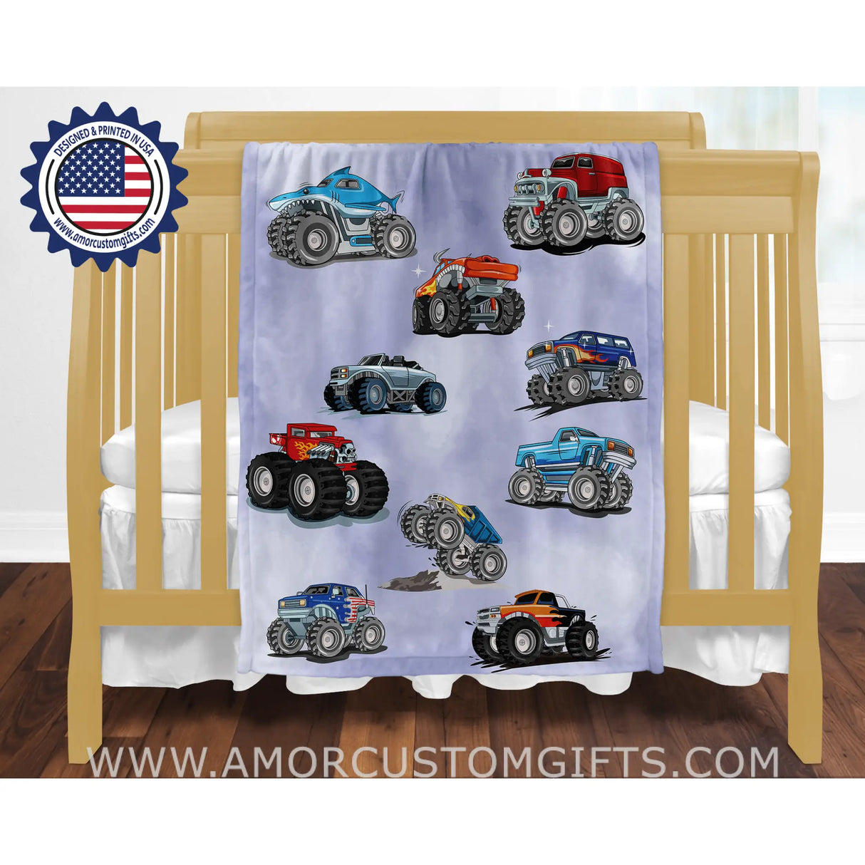 Blankets USA MADE Personalized Baby Boys Monster Trucks Blanket, Custom Name Blanket