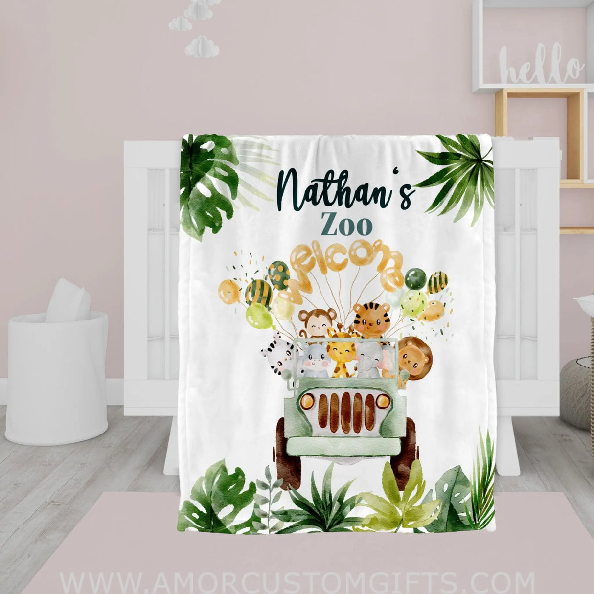 Blankets Personalized Baby Boys Watercolor Safari Animals Welcoming With Truck Blanket, Custom Name Blanket