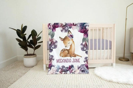 Blankets USA MADE Personalized Baby Deer Blanket, Purple Floral Deer, Newborn Girl Woodland Blanket, Purple Floral Blanket