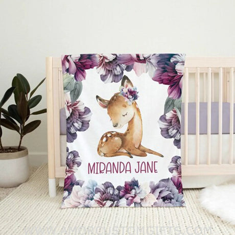 Blankets USA MADE Personalized Baby Deer Blanket, Purple Floral Deer, Newborn Girl Woodland Blanket, Purple Floral Blanket