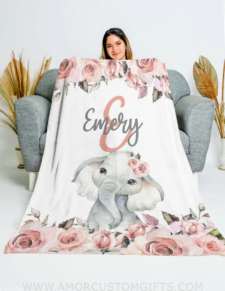 Blankets USA MADE Personalized Baby Elephant Animals Name Blanket, Floral Elephant Baby Blanket, Custom Name Blanket