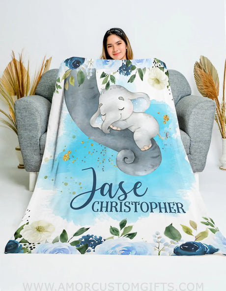 Blankets Personalized Baby Elephant Blue Watercolor Animals Name Blanket, Elephant Blue Watercolor Baby Blanket, Custom Name Blanket