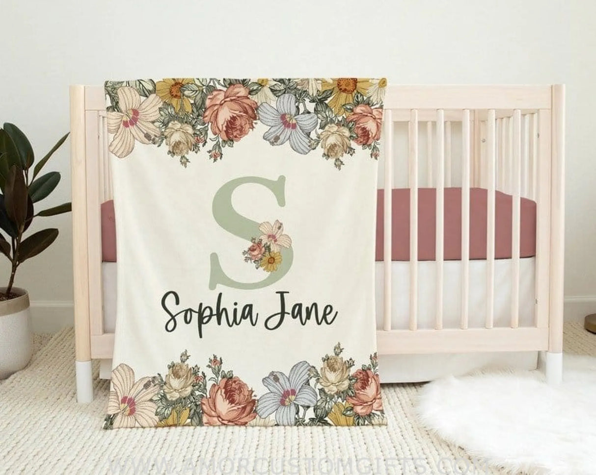 Blankets Personalized Baby Girl Blanket - Boho Baby Blanket with Name - Vintage Floral Baby Blanket -Baby Shower Gift