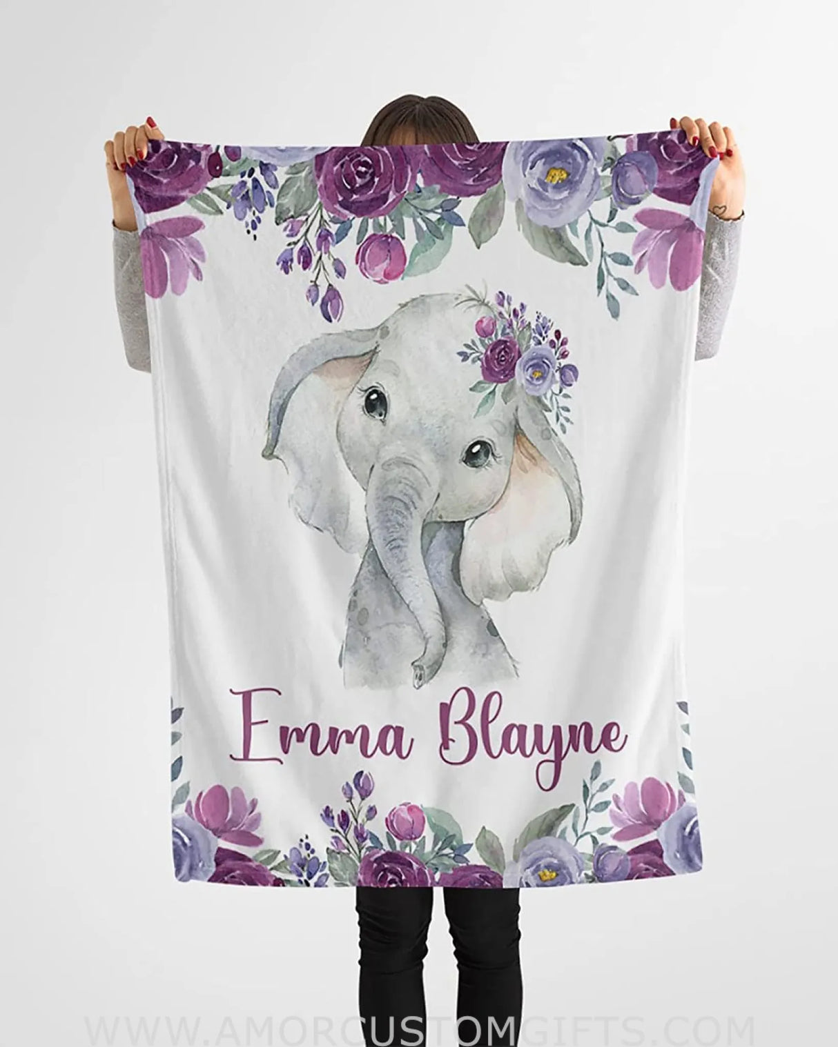 Blankets Personalized Baby Girl Blanket, Floral Baby Blanket, Elephant Floral Water Color Design Fleece , Sherpa Baby Blanket