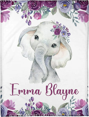 Blankets Personalized Baby Girl Blanket, Floral Baby Blanket, Elephant Floral Water Color Design Fleece , Sherpa Baby Blanket