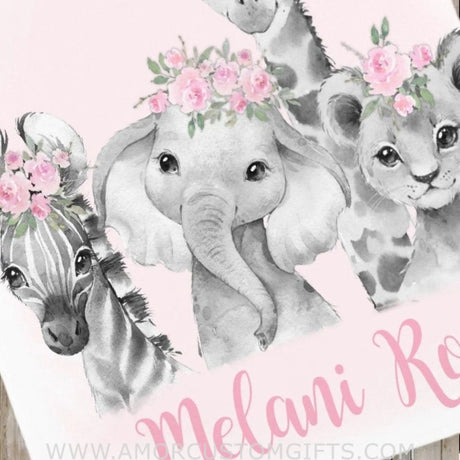 Blankets USA MADE Personalized Baby Girl Blanket, Pink Floral Safari Animals Baby Blanket, Girl Name Blanket Custom Baby Blanket Newborn Baby Gift