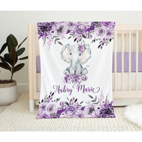 Blankets USA MADE Personalized Baby Girl Blanket - Safari Elephant Baby Blanket, Purple Floral Baby Blanket,, Swaddle Blanket