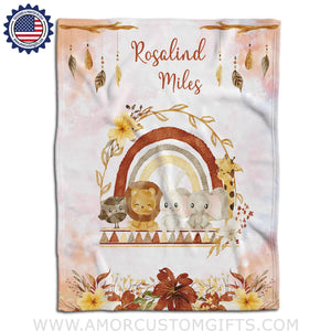 Blankets Personalized Baby Girl Happy Animal Rainbow In Autumn Blanket, Custom Name Blanket