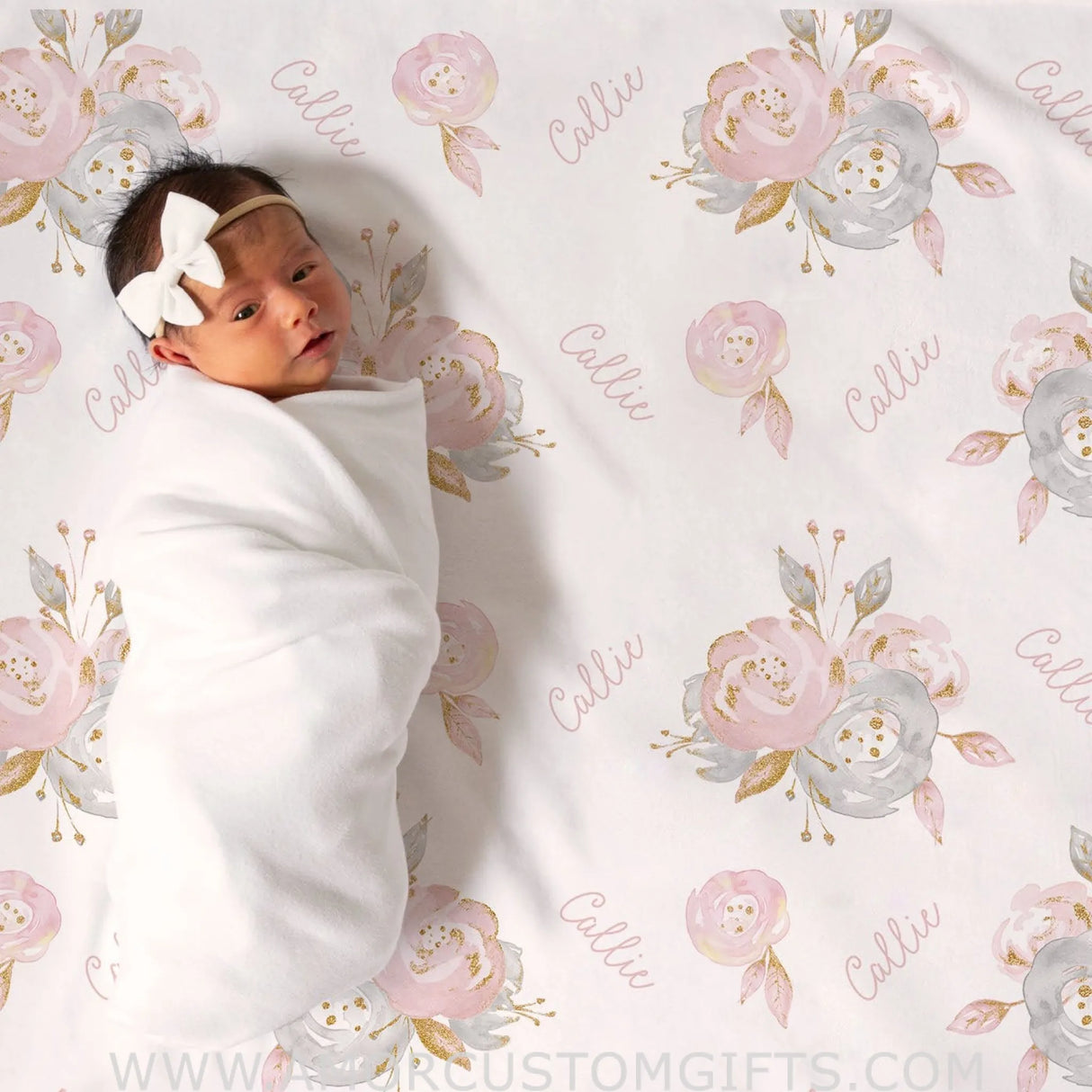 Blankets USA MADE Personalized Baby Girl Name Blanket, Pink and Gray Floral baby blanket