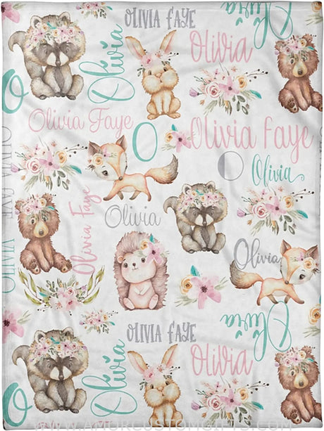 Blankets Personalized Baby Girl Woodland Animals Name Blanket, Pink Aqua Girl Woodland Baby Blanket, Custom Name Blanket