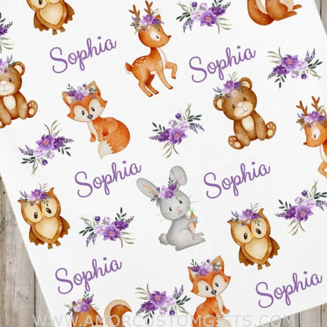 Blankets Personalized Baby Girl Woodland Animals Name Blanket, Purple Flower Girl Woodland Baby Blanket