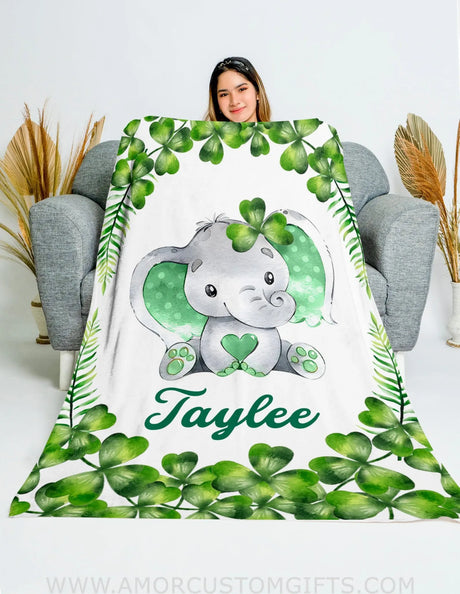 Blankets USA MADE Personalized Baby Green Lucky Clover Elephant Animals Name Blanket, Green Lucky Clover Elephant Baby Blanket, Custom Name Blanket