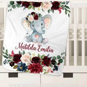 Blankets Personalized Baby Name Blanket, Pink Floral Elephant Blanket, Baby Girl Name Blanket, Floral Baby Name Blanket, Custom Name Baby Shower Gift