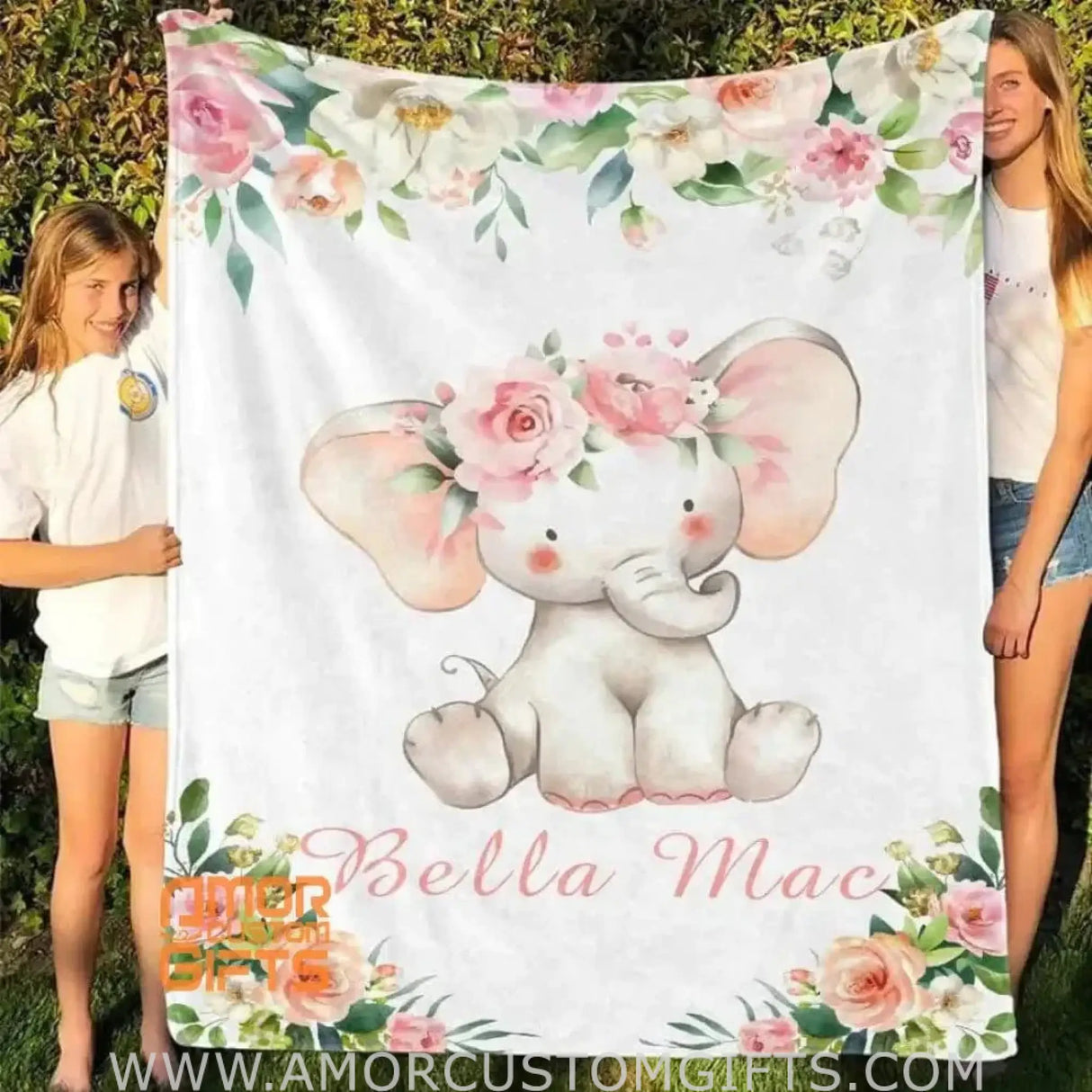 Blankets Personalized Baby Name Blanket, Pink Floral Elephant Blanket, Baby Girl Name Blanket, Floral Baby Name Blanket, Custom Name Baby Shower Gift