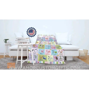 Blankets Personalized Baby Toddler Girls Boys ABC Animals Blanket, Custom Name ABC Alphabet Gender Neutral Nursery Theme