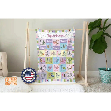 Blankets USA MADE Personalized Baby Toddler Girls Boys ABC Animals Blanket, Custom Name ABC Alphabet Gender Neutral Nursery Theme