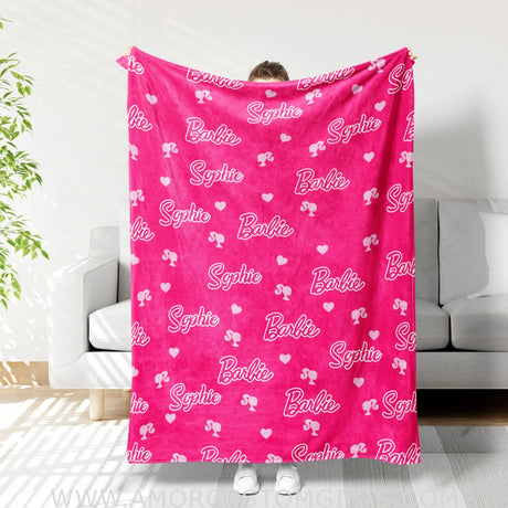 Blankets Personalized Barbie Pink Girl Blanket| Custom Name Baby Girl Blanket