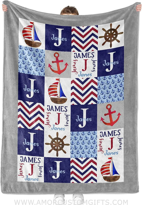 Blankets Personalized Blanket Nautical   Baby Blankets - Custom Baby Blanket with Name for Boys - Soft Plush Fleece