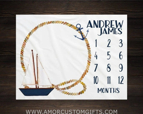 Blankets USA MADE Personalized Blanket Nautical Baby Milestone Blanket - Baby Growth Tracker Fleece Blanket Baby Shower - Baby Newborn Gift Baby Boy Sail Boat