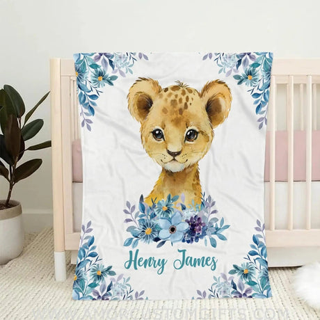 Blankets USA MADE Personalized Blue Flower Baby Lion Blanket,Lion Baby Blanket, Lion Lovey Blanket, Baby Boy Blanket, Safari Baby Blanket