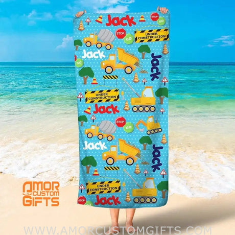 Towels USA MADE Personalized Construction Boys Beach Towel, Excavator, Toy Kid, Custom Name Truck Kid Bath Towel for Boys