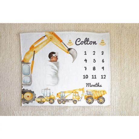 Blankets Personalized Construction Milestone Blanket, Dump Truck Baby Boy Milestone Blanket, Crane Baby Age Blanket, Excavator Growth Tracker Blanket