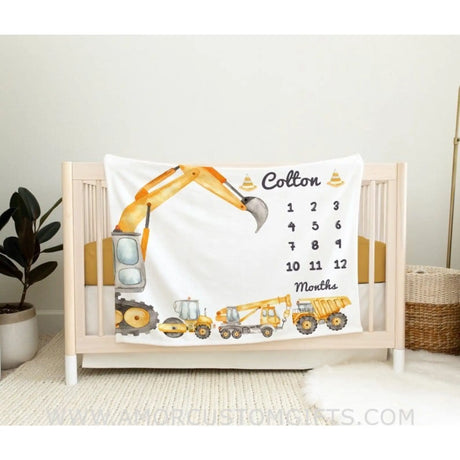 Blankets Personalized Construction Milestone Blanket, Dump Truck Baby Boy Milestone Blanket, Crane Baby Age Blanket, Excavator Growth Tracker Blanket