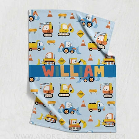 Blankets Personalized Construction Name Blanket, Custom Baby Blanket, Construction Truck Personalized Blanket