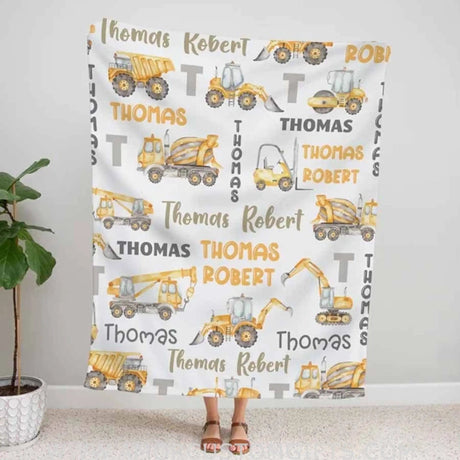 Blankets USA MADE Personalized Construction Name Blanket, Custom Baby Blanket, Construction Truck Personalized Blanket