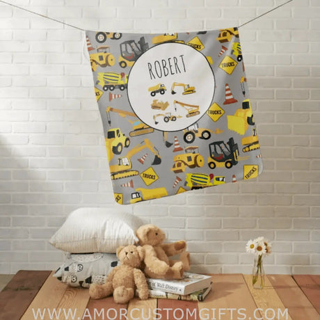 Blankets USA MADE Personalized Construction Trucks Pattern Customized Name Baby Blanket, Baby Blanket with Name for Boys