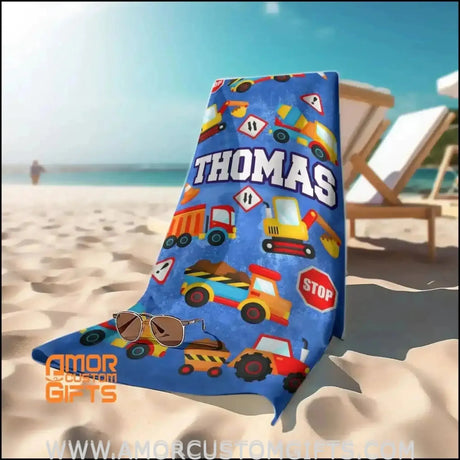 Towels USA MADE Personalized Construction VehiclesvBoys Beach Towel, Excavator, Toy Kid, Custom Name Truck Kid Bath Towel for Boys