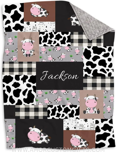 Blankets USA MADE Personalized Cow Print Baby Blanket with Name - Boy's Girl's Cartoon Cute Cow Milk Nursery Theme - Toddler Minky Blankets