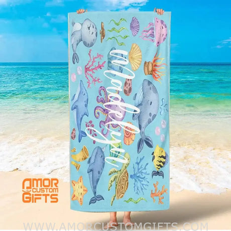 Towels USA MADE Personalized Cute Animal Under The Sea Lovely Kid Towel for Summer & Beach, Beach Towel for Boy Girl Kid