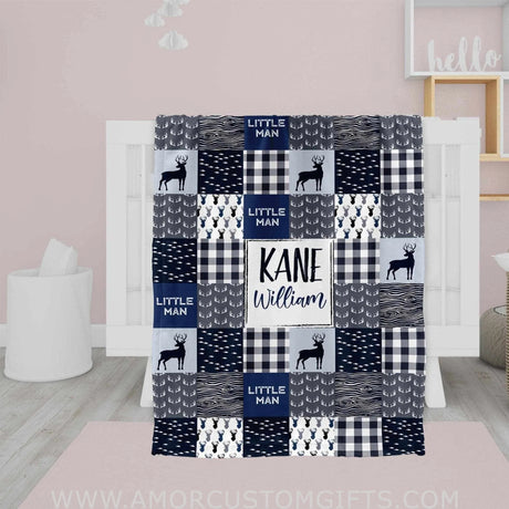 Blankets USA MADE Personalized Deer Woodland Patchwork Blue Blanket, Deer Woodland Blanket, Baby Woodland Blanket,Woodland Baby Blankets for Boys Girls