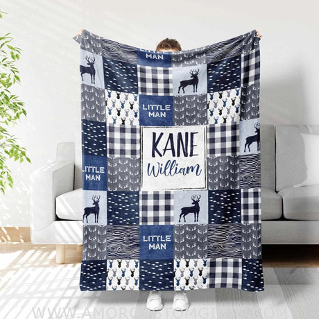 Blankets Personalized Deer Woodland Patchwork Blue Blanket, Deer Woodland Blanket, Baby Woodland Blanket,Woodland Baby Blankets for Boys Girls