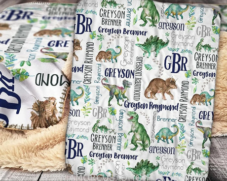 Blankets USA MADE Personalized Dinosaur Blanket - Custom Dinosaurus Watercolor Blanket, Baby Blanket for Boys, Birthday Boy Gifts, Christmas
