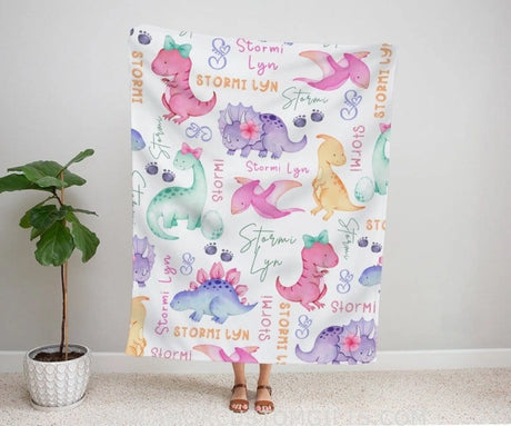 Blankets USA MADE Personalized Dinosaur Blanket, Girl Dinosaur Baby Blanket, Baby Name Blanket, Baby Girl Blanket, Baby Shower Gift