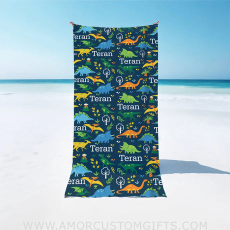 Usa Made Personalized Dinosaur Cute Beach Towel Custom Name Kid Gift For Boy And Girl Towels