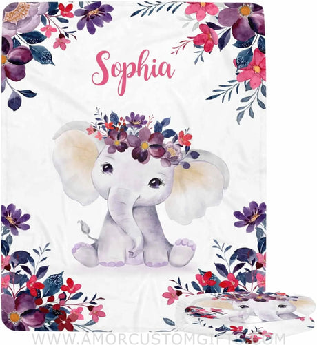 Blankets USA MADE Personalized Elephant Baby Blanket for Baby Girl, Newborn Baby Girls Blankets, Elephant Baby Blanket