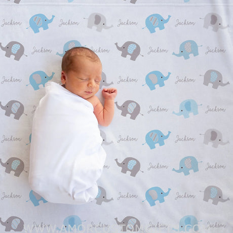 Blankets Personalized Elephant Fleece Baby Blanket, Blue and Gray boys print, Gift for Kids Toddler - Blanket for Newborn