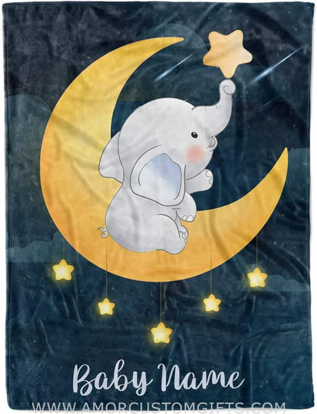 Blankets Personalized Elephant Moon Baby Blanket for Boy, Cozy Plush Fleece Blanket, Custom Baby Name
