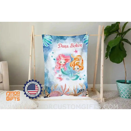 Blankets USA MADE Personalized Fairy Tale Ariel Mermaid Princess Blanket, Custom Name Princess Nursery Theme